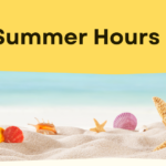 Beach scene and the text Summer Hours