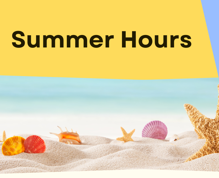 Beach scene and the text Summer Hours