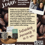 Sip & Learn poster showing photo of presenters Jess and Jon Touchette along with coffee beans in the background and a bag of coffee, mug and chocolate bar