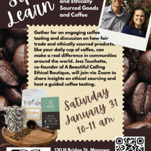 Sip & Learn poster showing photo of presenters Jess and Jon Touchette along with coffee beans in the background and a bag of coffee, mug and chocolate bar
