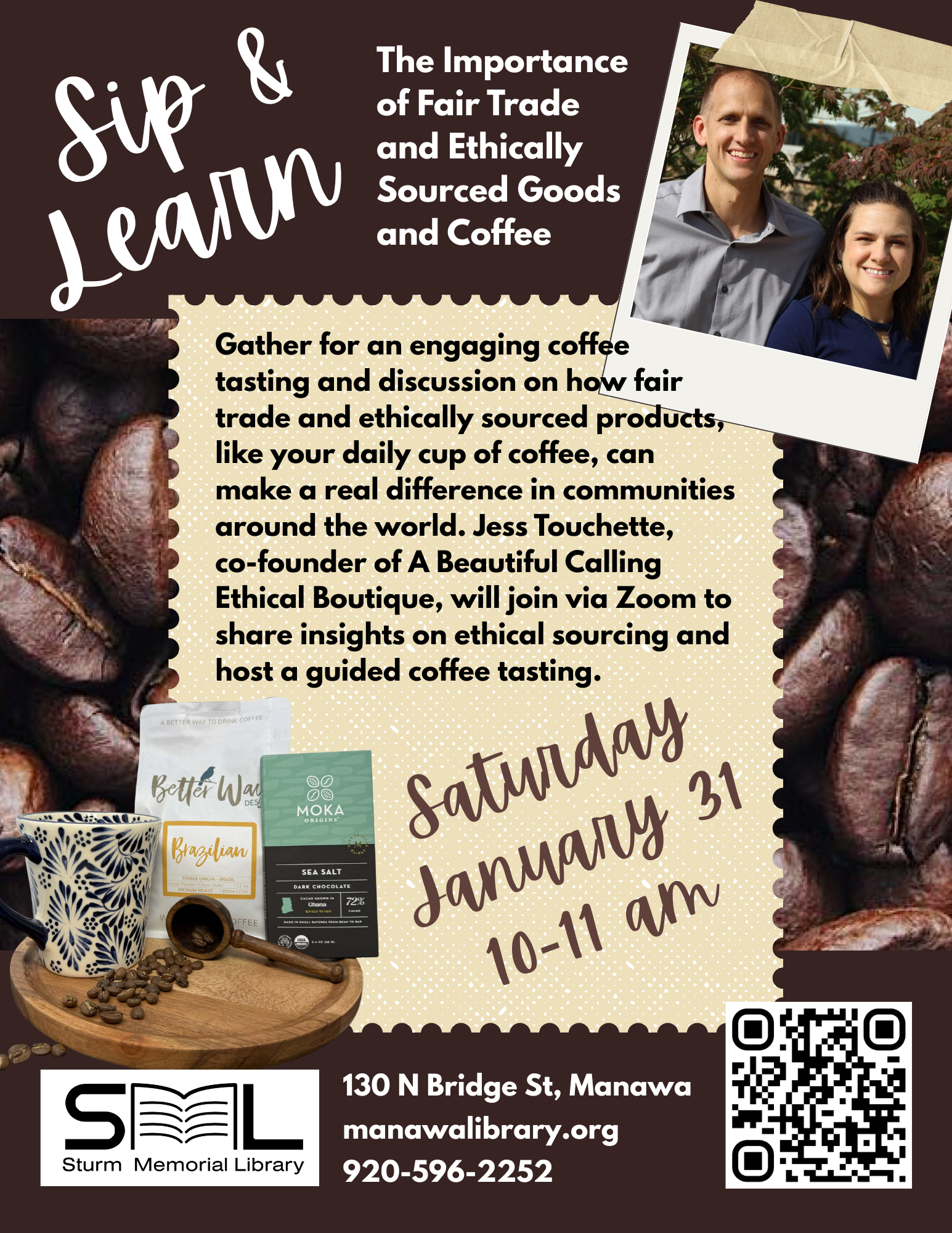 Sip & Learn poster showing photo of presenters Jess and Jon Touchette along with coffee beans in the background and a bag of coffee, mug and chocolate bar