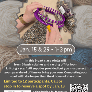 Yarn Loom Scarf poster showing 2 hands holding a loom with a yarn scarf coming off of the loom