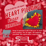 poster showing a red and yellow tied heart pillow sitting a car with pink and red hearts in the background
