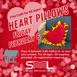 poster showing a red and yellow tied heart pillow sitting a car with pink and red hearts in the background