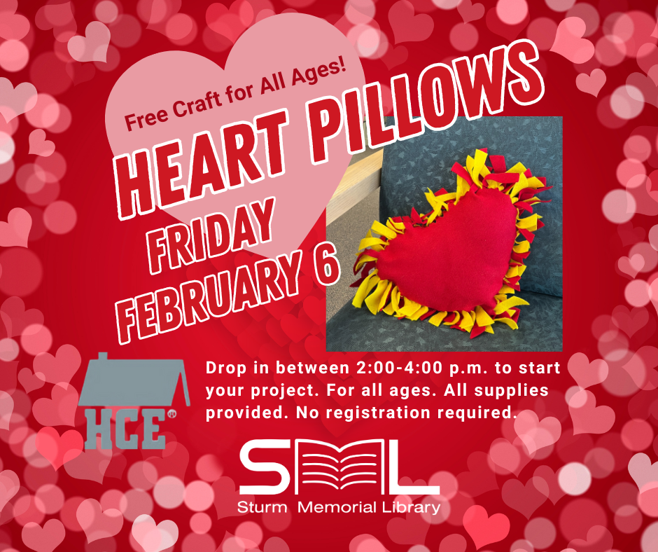 poster showing a red and yellow tied heart pillow sitting a car with pink and red hearts in the background