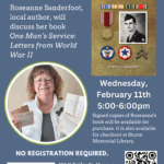 Poster showing photo of author Roseanne Sanderfoot and her book One Man’s Service: Letters from World War II