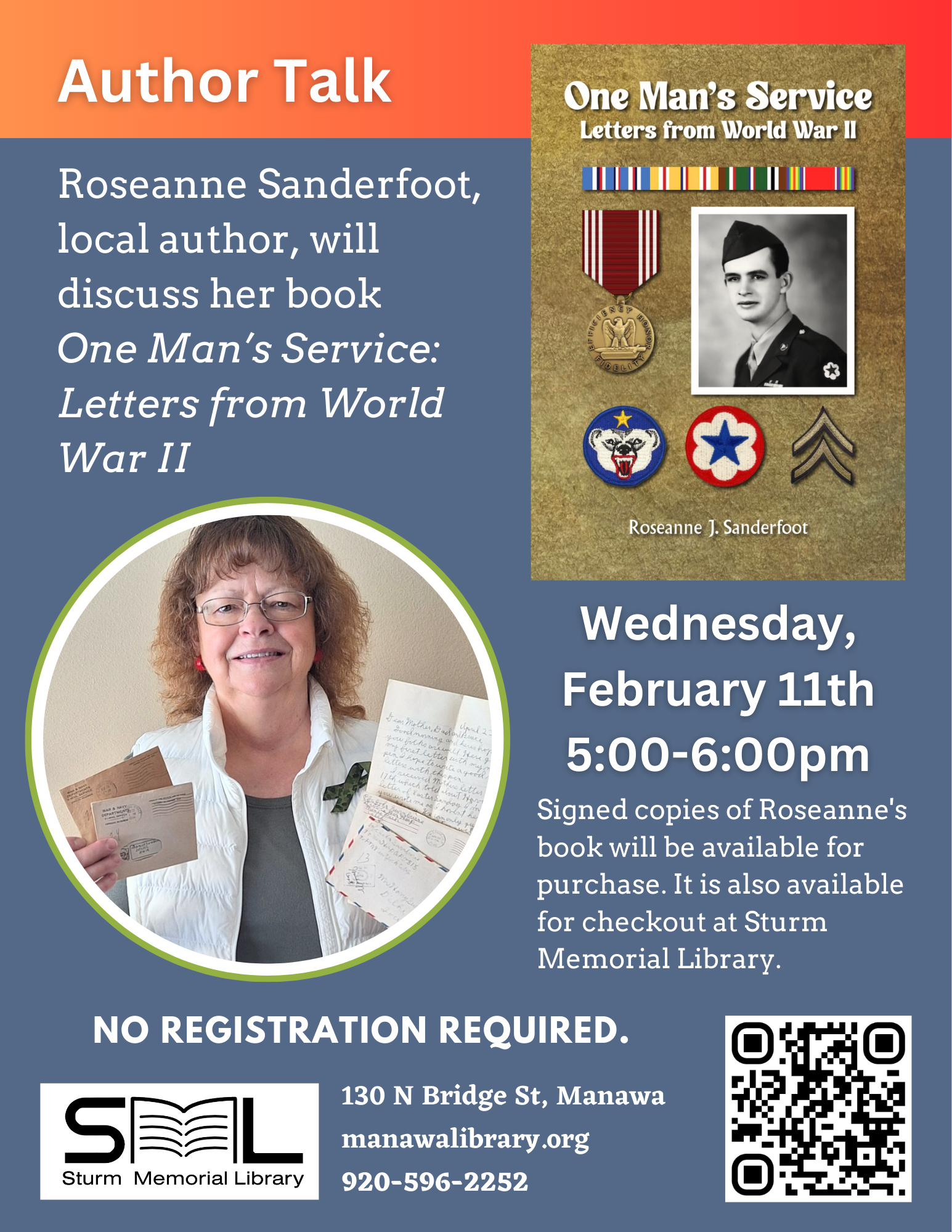 Poster showing photo of author Roseanne Sanderfoot and her book One Man’s Service: Letters from World War II