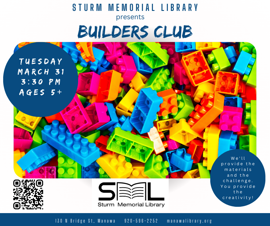 Promotional flyer for Sturm Memorial Library's Builders Club with colorful plastic bricks and event details.