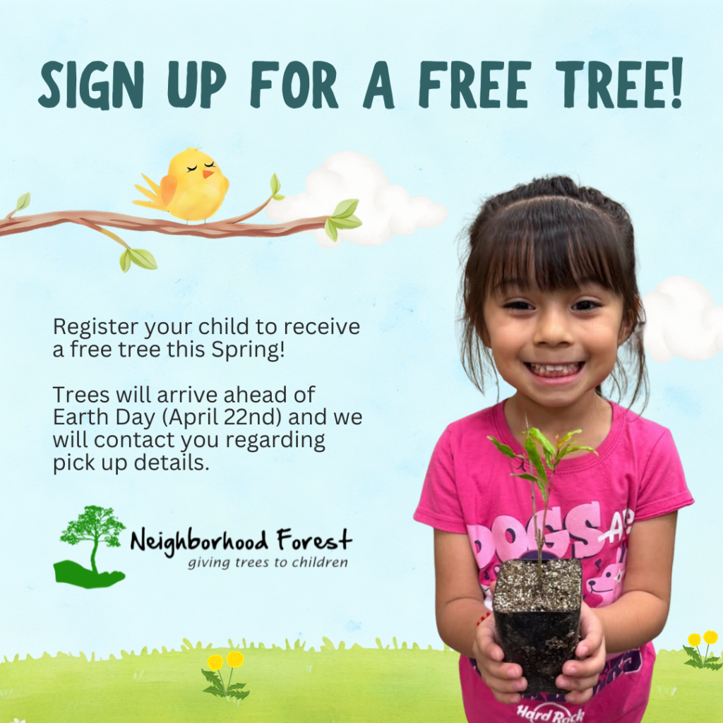 A promotional image featuring a young girl holding a potted plant, with text about signing up for a free tree and an illustration of a bird on a branch.