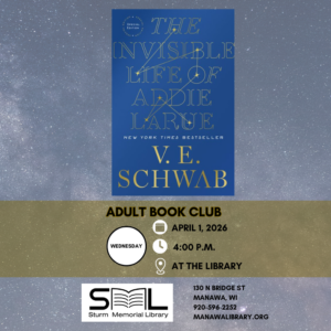 Promotion for a book club meeting featuring "The Invisible Life of Addie LaRue" by V.E. Schwab, with details about the event at Sturm Memorial Library.