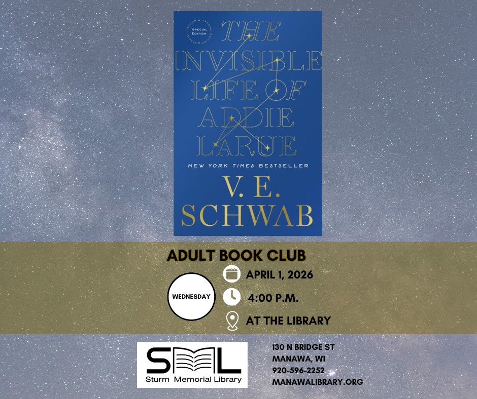 Promotion for a book club meeting featuring "The Invisible Life of Addie LaRue" by V.E. Schwab, with details about the event at Sturm Memorial Library.
