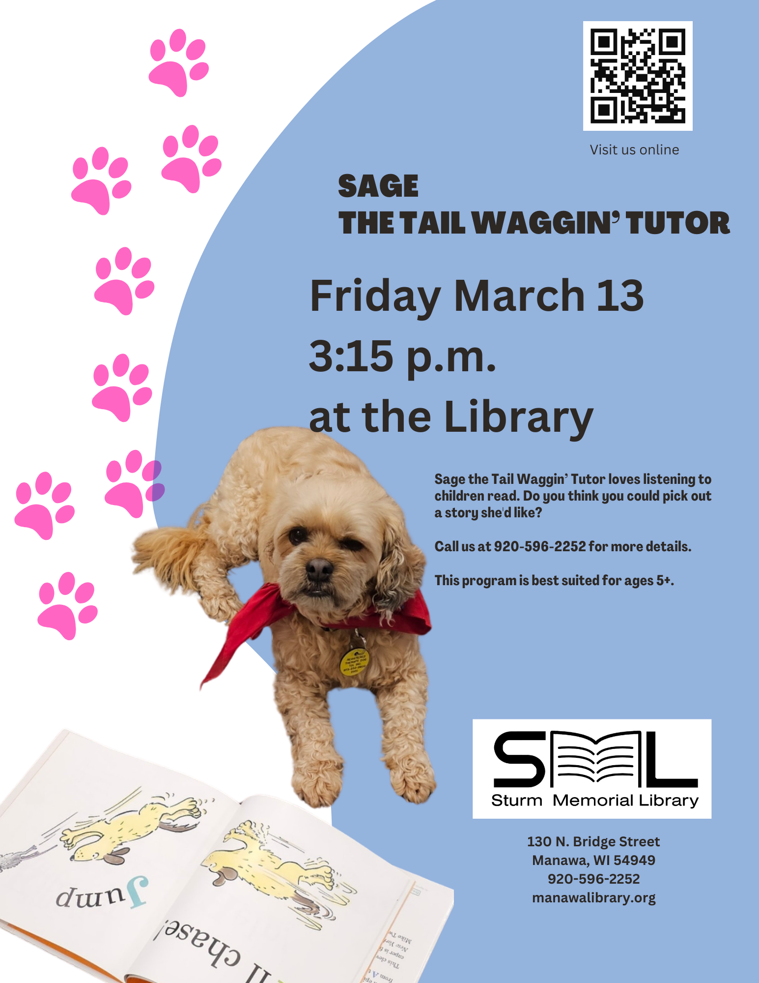 Promotional poster for "Sage the Tail Waggin' Tutor" at Sturm Memorial Library with a dog, paw prints, and event details.