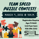 Team Speed Puzzle Contest poster showing 3 cartoon people stacking puzzle pieces