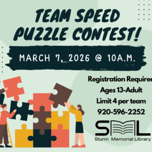 Team Speed Puzzle Contest poster showing 3 cartoon people stacking puzzle pieces