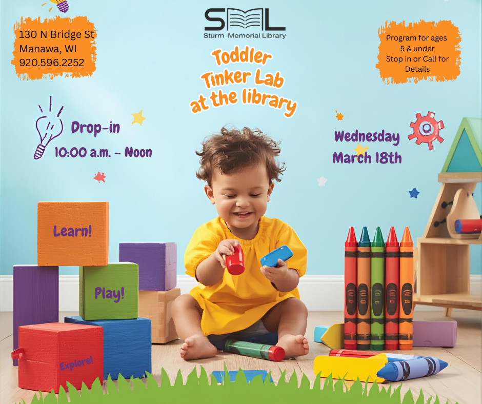 A toddler playing with blocks and crayons, promoting a library event.