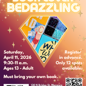 book cover bedazzling poster with orange and purple gradient background and diamond shape with 2 book covers inside