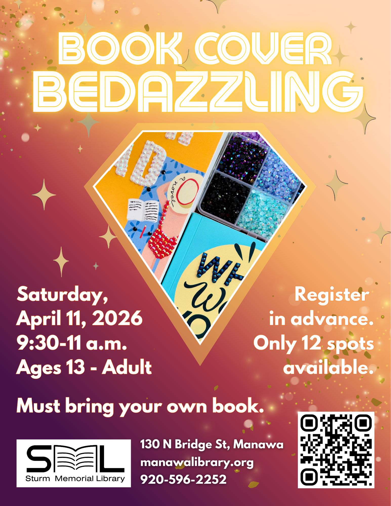 book cover bedazzling poster with orange and purple gradient background and diamond shape with 2 book covers inside