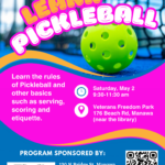 poster with blue and pink background showing green pickleball