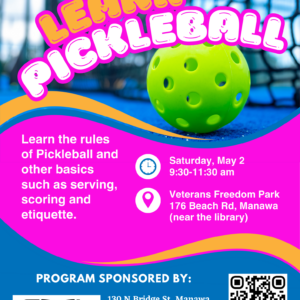 poster with blue and pink background showing green pickleball