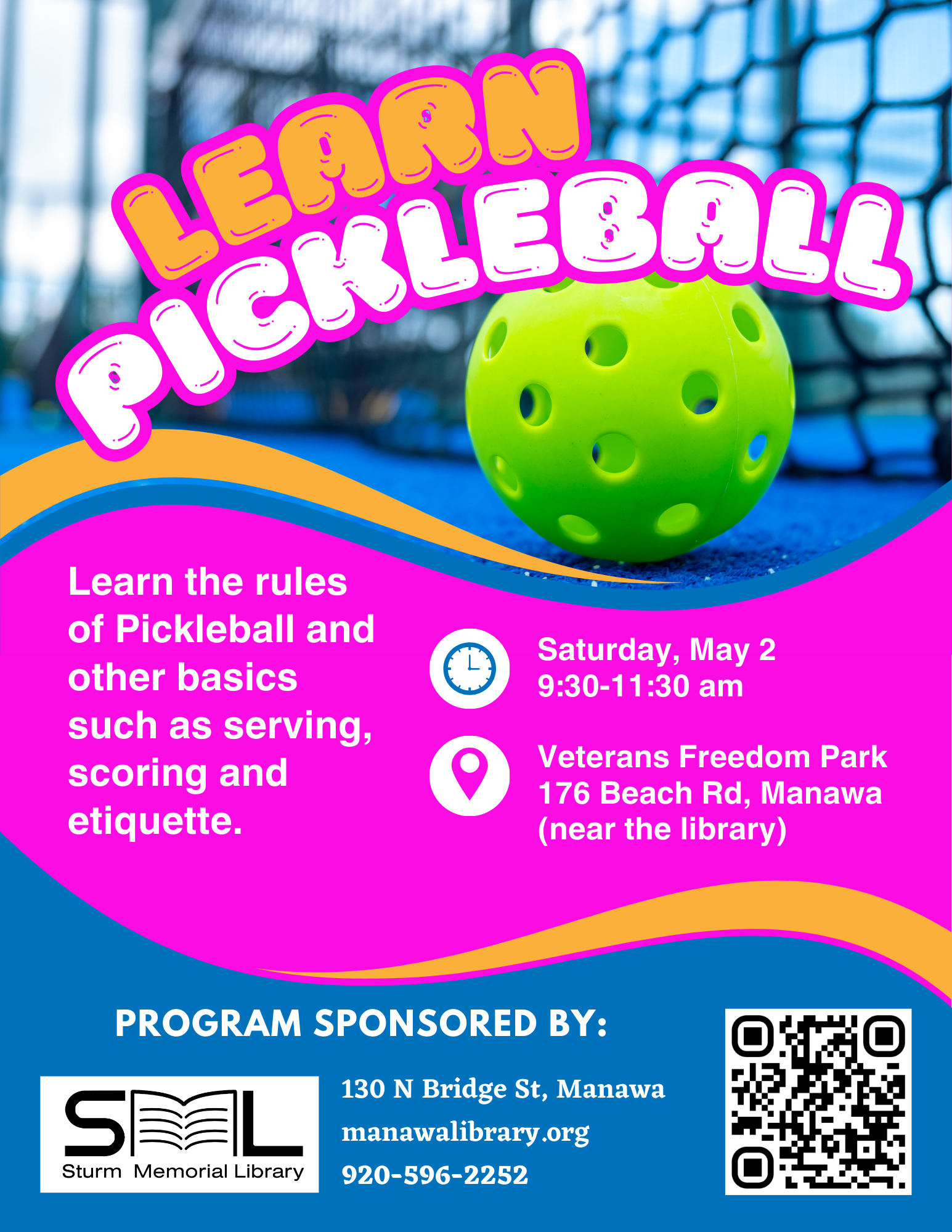 poster with blue and pink background showing green pickleball