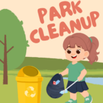 cartoon girl with garbage picker putting trash into bag
