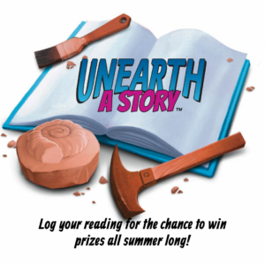 Open book with tools and a fossil, featuring the text "UNEARTH A STORY."