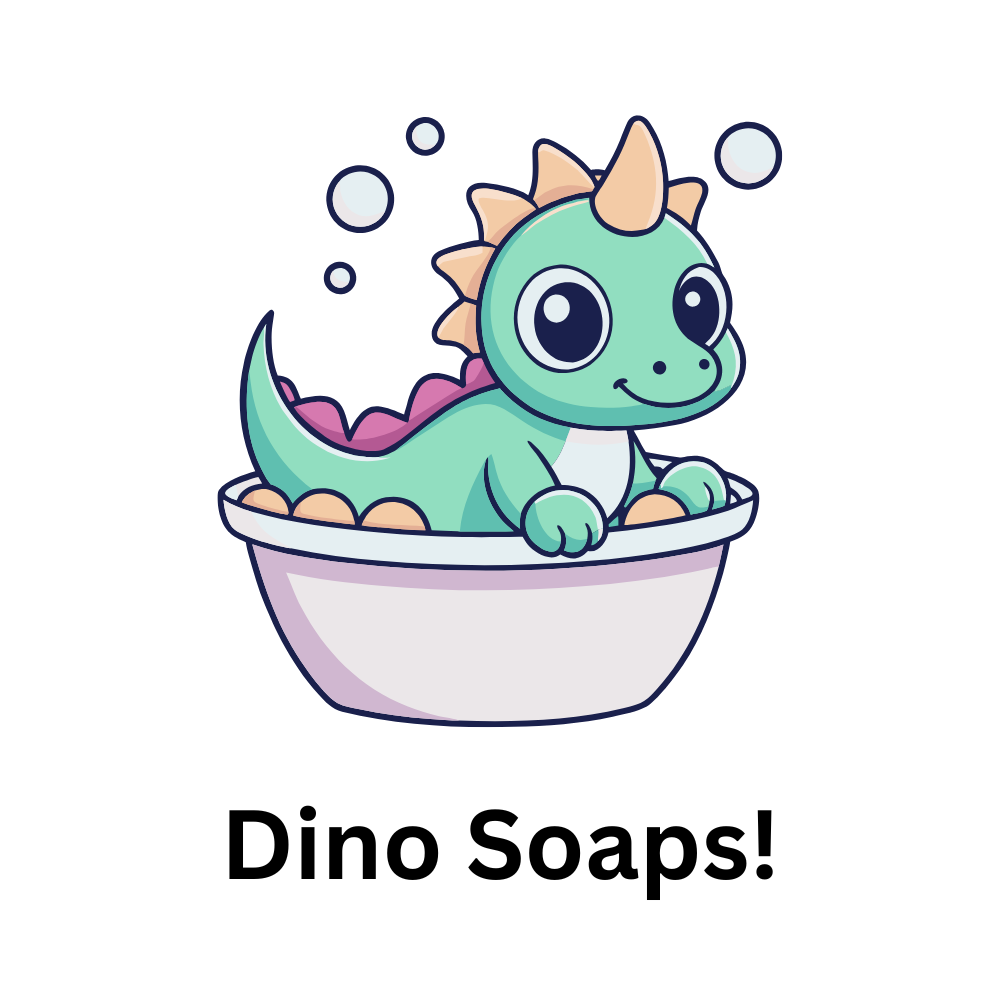 Cartoon dinosaur in a bathtub with the text Dino Soaps below