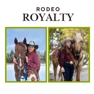 Two women standing with horses in outdoor settings, both wearing rodeo attire.