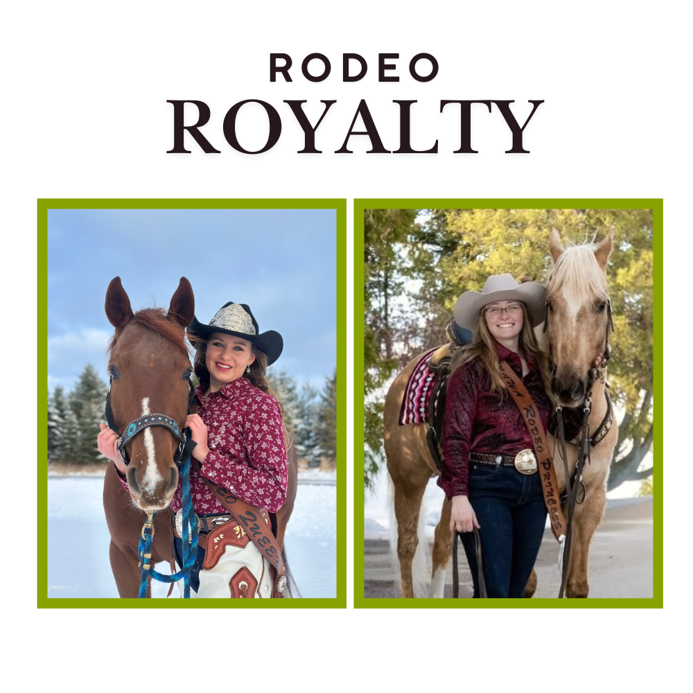 Two women standing with horses in outdoor settings, both wearing rodeo attire.