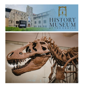 History Museum at the Castle exterior of building and a T. Rex skeleton
