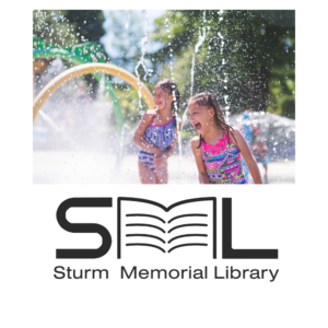 Two children playing in a water park, with the logo of Sturm Memorial Library below.