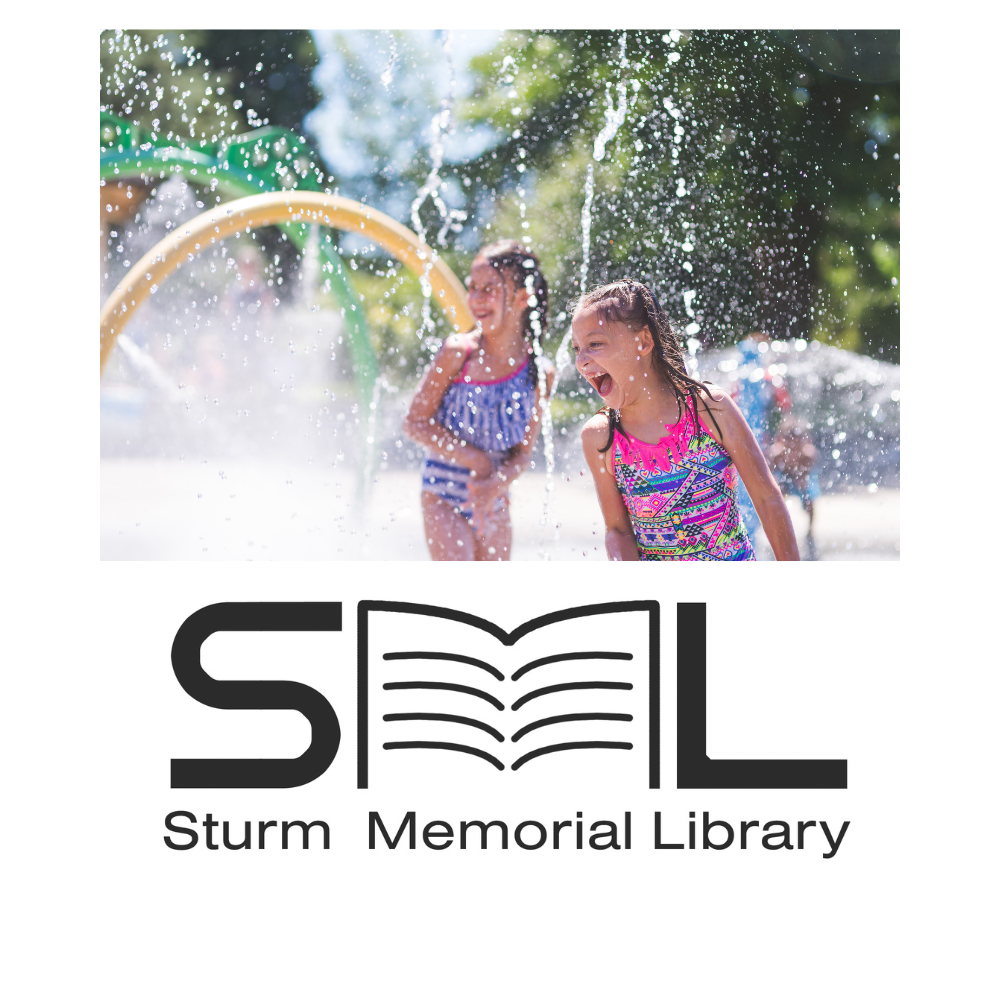 Two children playing in a water park, with the logo of Sturm Memorial Library below.