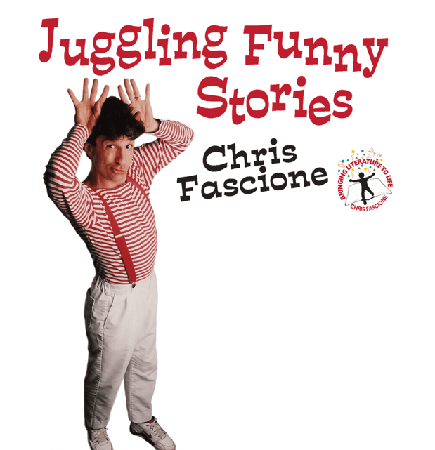 Performer in striped shirt with text "Juggling Funny Stories" and "Chris Fascione."